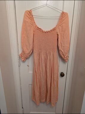 100% Linen Peach Puff Smocked Midi Dress with Puff Sleeves